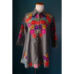 Pong Poco Ltd Shirt Boxy Grey Embroidered Colorful Floral Hippie Boho Button Up
